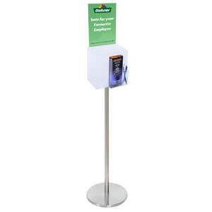 Premium Clear Suggestion Box with A4 Display on Silver Pole and Base with DL Brochure Holder and Pen Holder