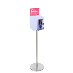 Premium Frosted Suggestion Box with A5 Display on Silver Pole and Base with DL Brochure Holder and Pen Holder