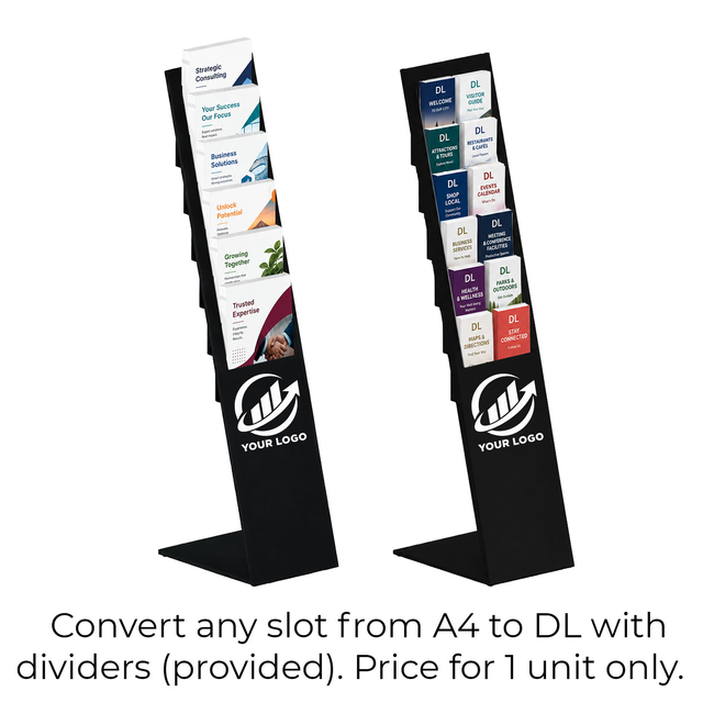 Black Mod Brochure Holder Display with Dividers  - Includes Custom Printing