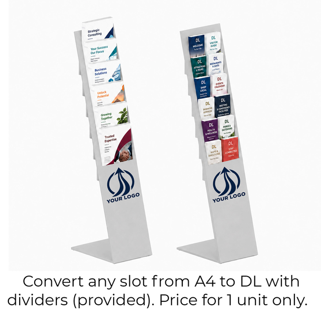 Silver Mod Brochure Holder Display with Dividers - Includes Custom Printing