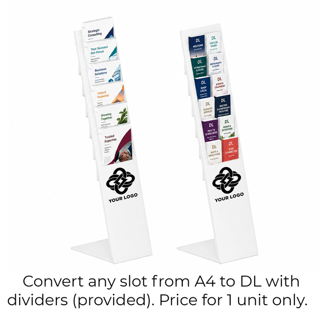 White Mod Brochure Holder Display with Dividers - Includes Custom Printing