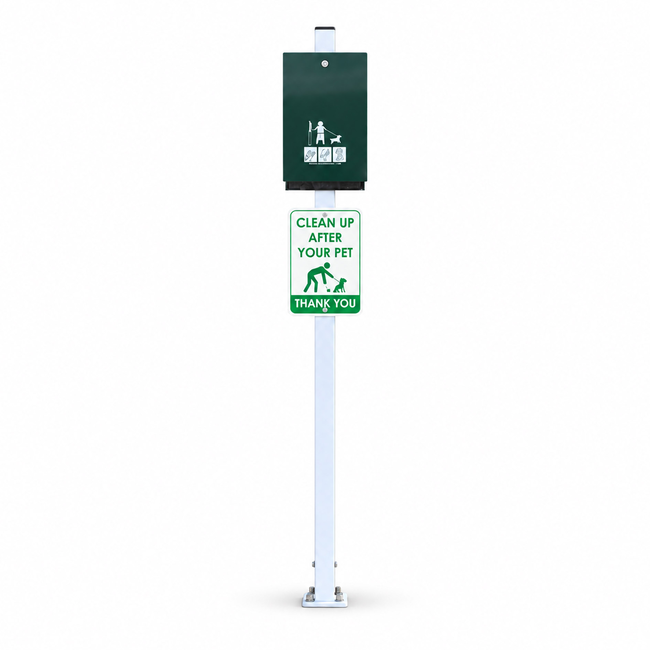 Green Dog Waste Bag Dispenser Silver 1450mm Pole and A4 Printed Sign
