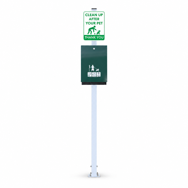 Green Dog Waste Bag Dispenser , Silver 1800mm Pole and A4 Printed Sign