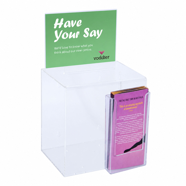 Premium Acrylic Clear Suggestion Box with A5 Display with DL Brochure Holder