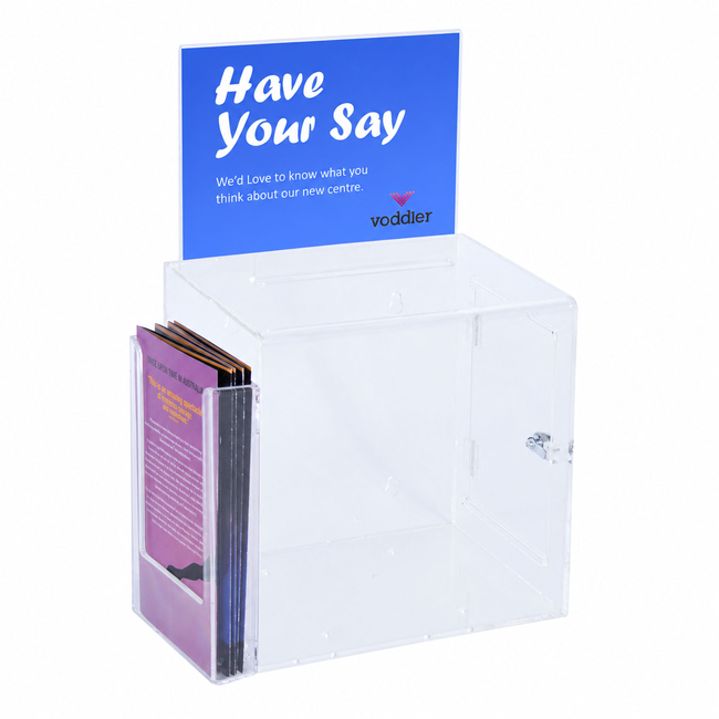 Premium Acrylic Clear Suggestion Box with A5 Display with DL Brochure Holder on side
