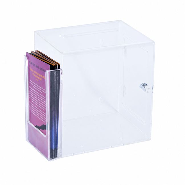 Premium Acrylic Clear Suggestion Box with DL Brochure Holder on side 