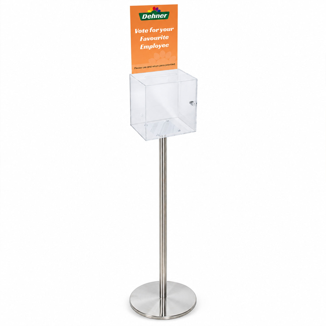 Premium Clear Suggestion Box with A4 Display on Silver Pole and Base
