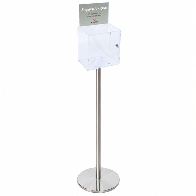 Premium Clear Suggestion Box with A5 Display on Silver Pole and Base