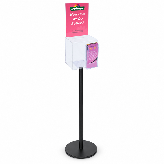 Premium Clear Suggestion Box with A4 Display on Black Pole and Base with DL Brochure Holder