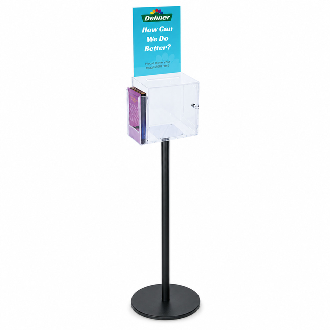 Premium Clear Suggestion Box with A4 Display on Black Pole and Base with DL Brochure Holder on Side