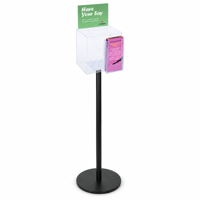 Premium Clear Suggestion Box with A5 Display on Black Pole and Base with DL Brochure Holder