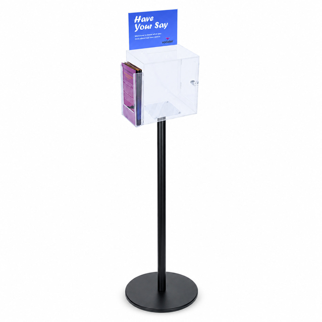 Premium Clear Suggestion Box with A5 Display on Black Pole and Base with DL Brochure Holder on Side