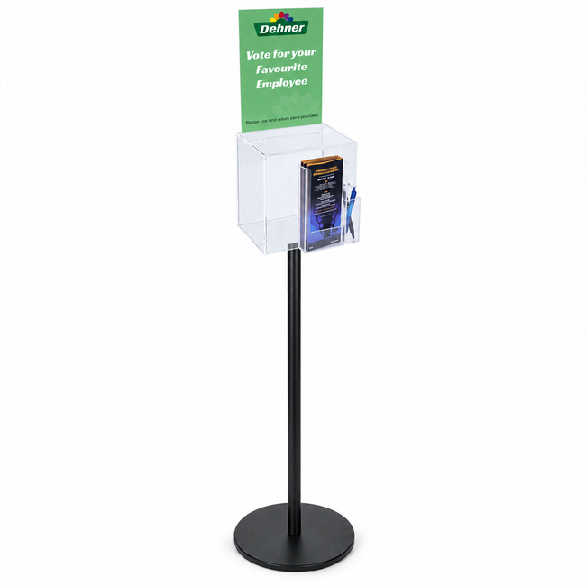 Premium Clear Suggestion Box with A4 Display on Black Pole and Base with DL Brochure Holder and Pen Holder