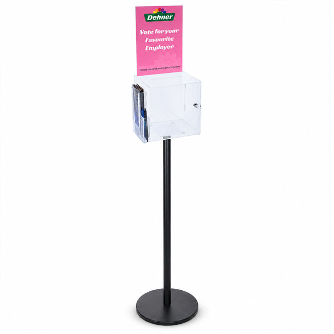 Premium Clear Suggestion Box with A4 Display on Black Pole and Base with DL Brochure Holder and Pen Holder on Side
