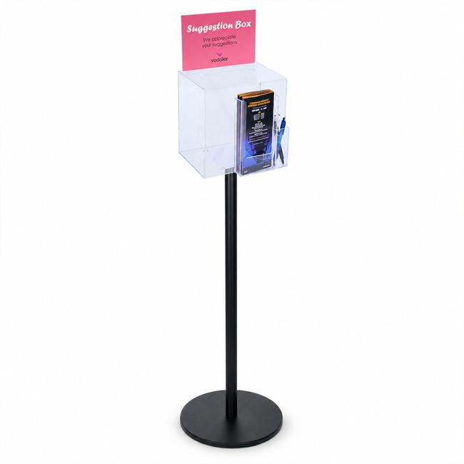 Premium Clear Suggestion Box with A5 Display on Black Pole and Base with DL Brochure Holder and Pen Holder
