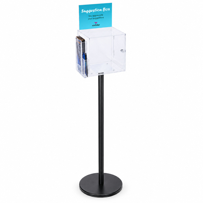 Premium Clear Suggestion Box with A5 Display on Black Pole and Base with DL Brochure Holder and Pen Holder on Side