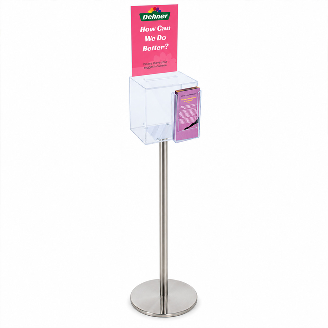 Premium Clear Suggestion Box with A4 Display on Silver Pole and Base with DL Brochure Holder