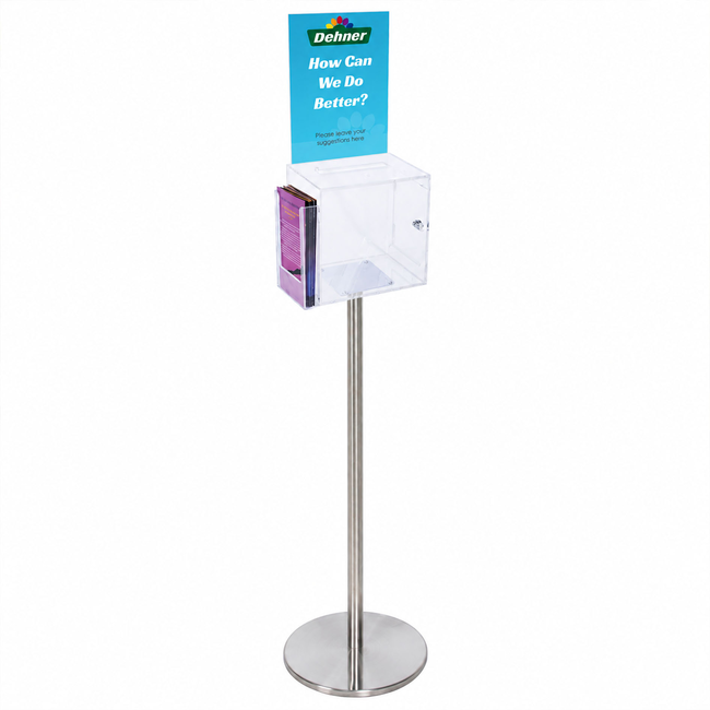 Premium Clear Suggestion Box with A4 Display on Silver Pole and Base with DL Brochure Holder on Side