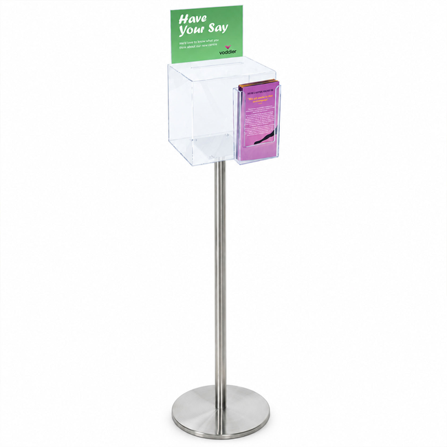 Premium Clear Suggestion Box with A5 Display on Silver Pole and Base with DL Brochure Holder