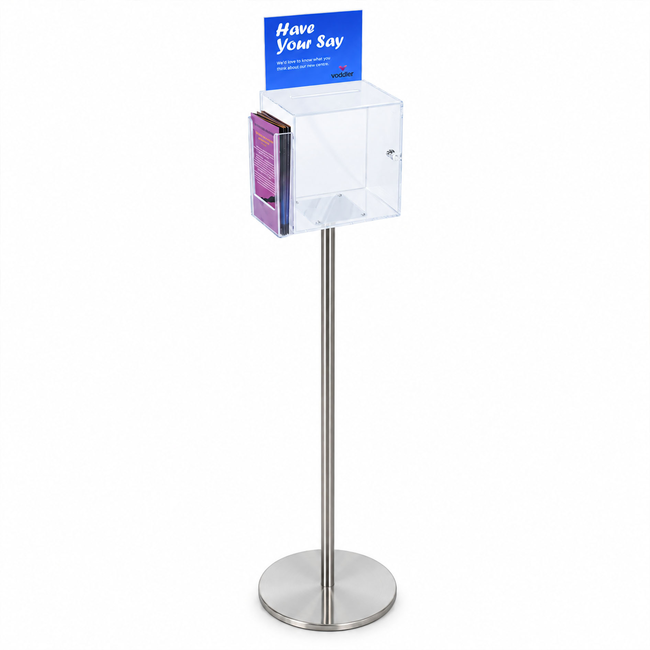 Premium Clear Suggestion Box with A5 Display on Silver Pole and Base with DL Brochure Holder on Side