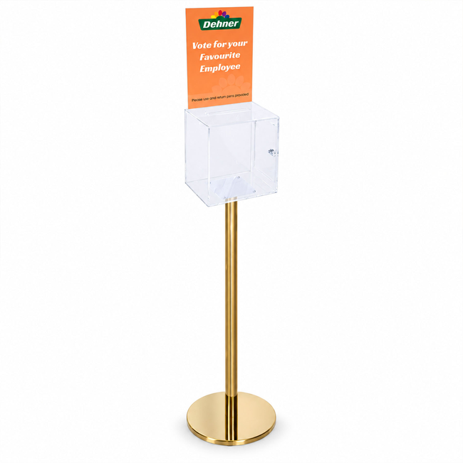 Premium Clear Suggestion Box with A4 Display on Gold Pole and Base