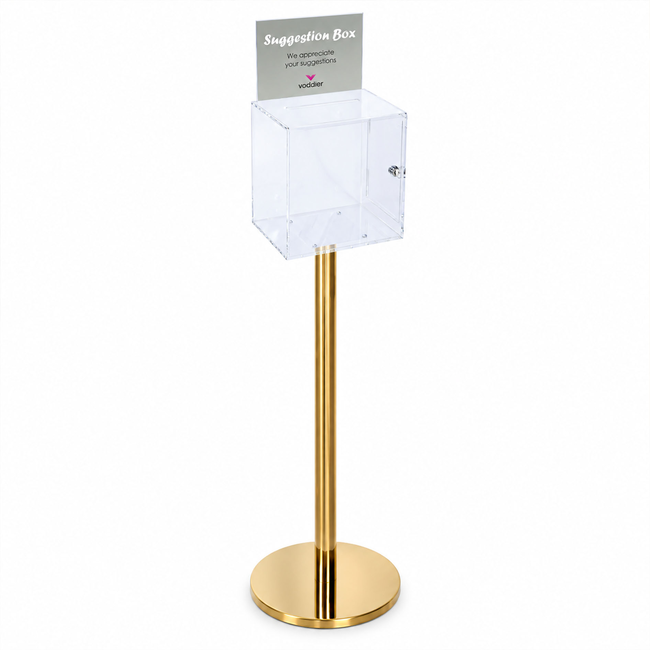 Premium Clear Suggestion Box with A5 Display on Gold Pole and Base