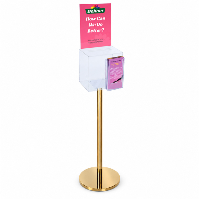 Premium Clear Suggestion Box with A4 Display on Gold Pole and Base with DL Brochure Holder