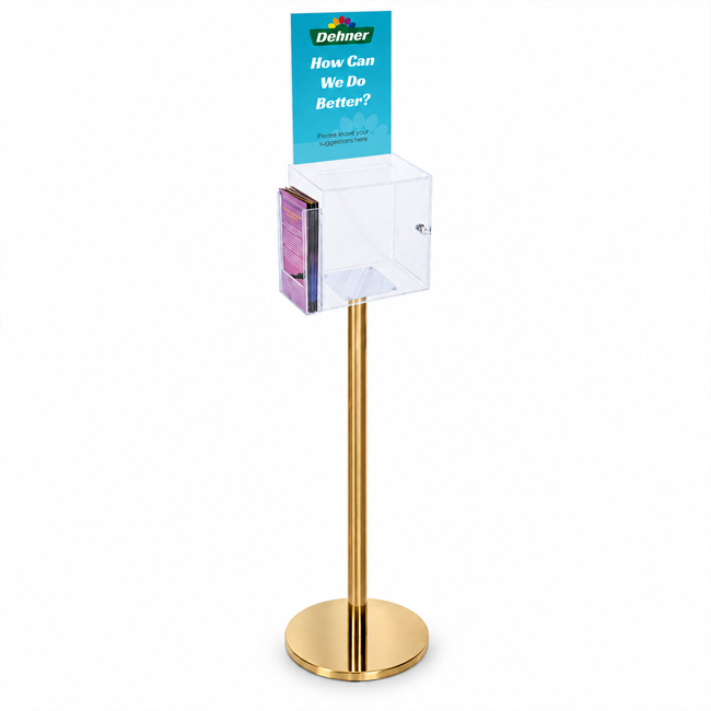 Premium Clear Suggestion Box with A4 Display on Gold Pole and Base with DL Brochure Holder on Side
