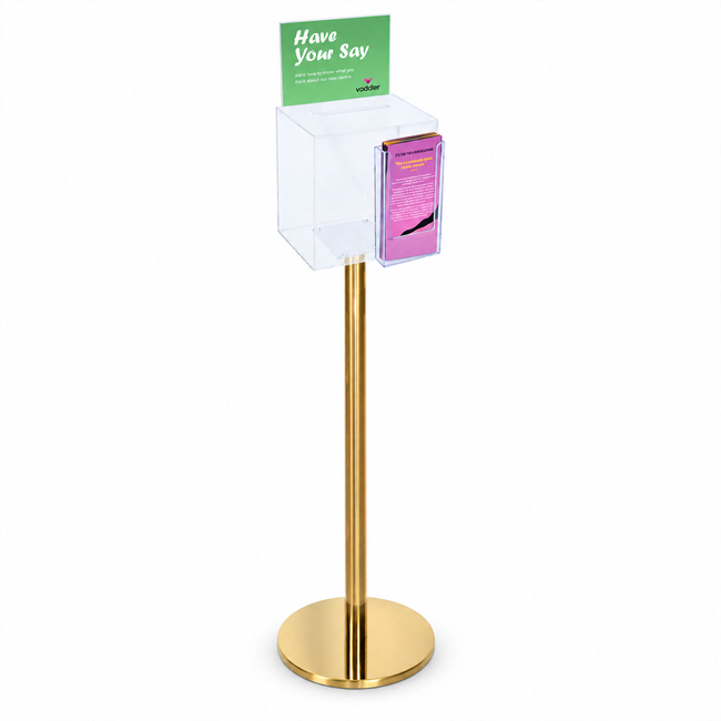 Premium Clear Suggestion Box with A5 Display on Gold Pole and Base with DL Brochure Holder