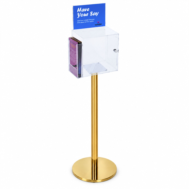 Premium Clear Suggestion Box with A5 Display on Gold Pole and Base with DL Brochure Holder on Side