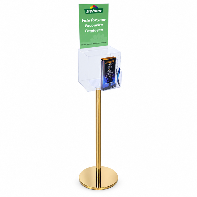 Premium Clear Suggestion Box with A4 Display on Gold Pole and Base with DL Brochure Holder and Pen Holder
