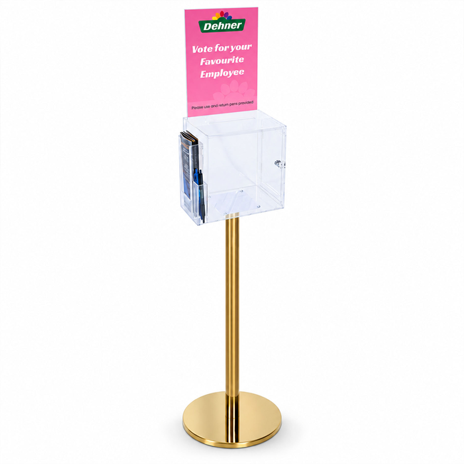 Premium Clear Suggestion Box with A4 Display on Gold Pole and Base with DL Brochure Holder and Pen Holder on Side