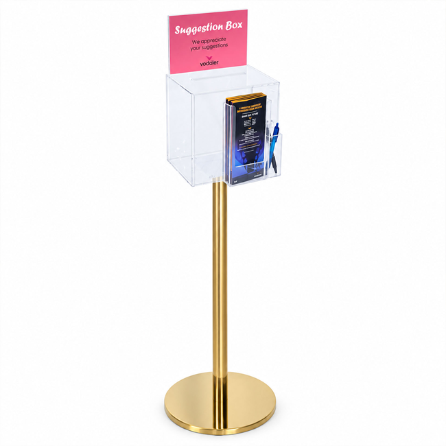 Premium Clear Suggestion Box with A5 Display on Gold Pole and Base with DL Brochure Holder and Pen Holder