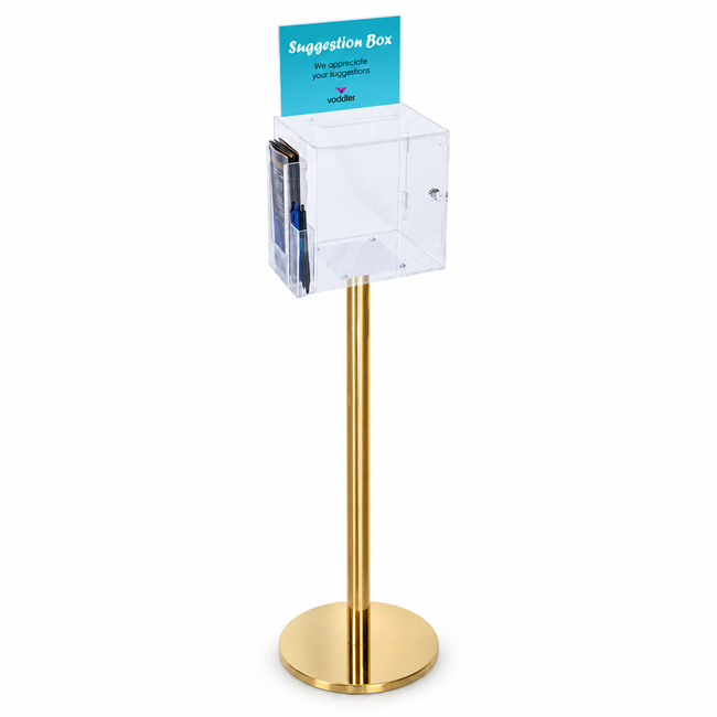 Premium Clear Suggestion Box with A5 Display on Gold Pole and Base with DL Brochure Holder and Pen Holder on Side