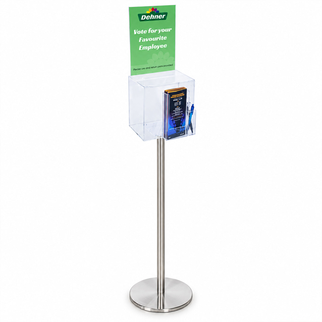 Premium Clear Suggestion Box with A4 Display on Silver Pole and Base with DL Brochure Holder and Pen Holder