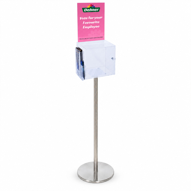 Premium Clear Suggestion Box with A4 Display on Silver Pole and Base with DL Brochure Holder and Pen Holder on Side