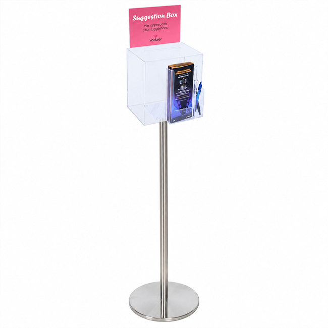 Premium Clear Suggestion Box with A5 Display on Silver Pole and Base with DL Brochure Holder and Pen Holder