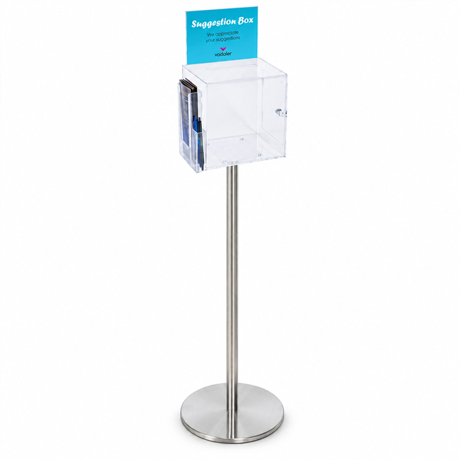 Premium Clear Suggestion Box with A5 Display on Silver Pole and Base with DL Brochure Holder and Pen Holder on Side