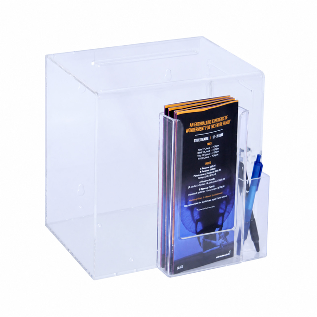 Premium Acrylic Clear Suggestion Box with DL Brochure Holder and Pen Holder