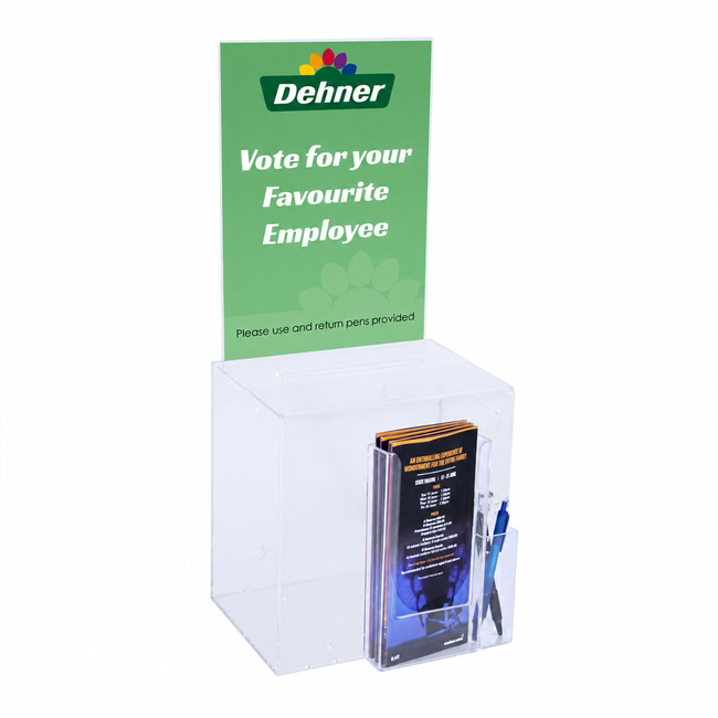 Premium Acrylic Clear Suggestion Box with A4 Display and DL Brochure Holder and Pen Holder
