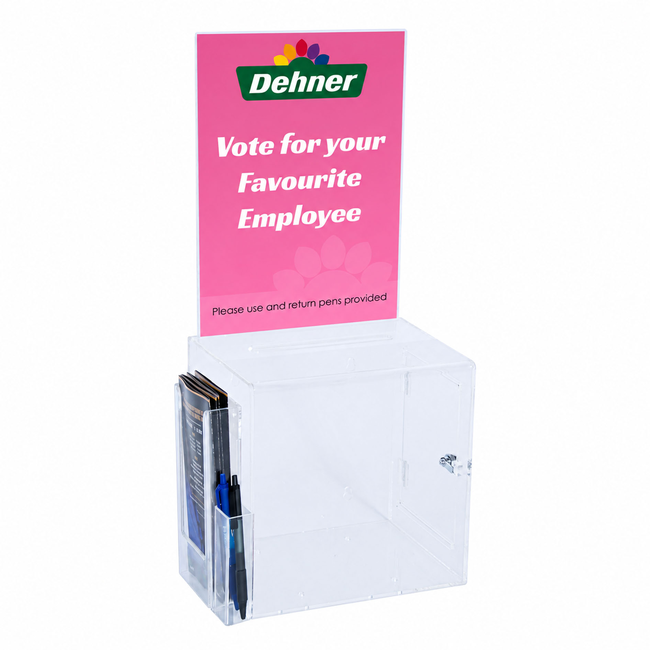 Premium Acrylic Clear Suggestion Box with A4 Display and DL Brochure Holder and Pen Holder on side