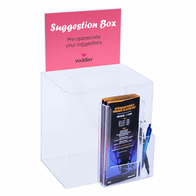Premium Acrylic Clear Suggestion Box with A5 Display and DL Brochure Holder and Pen Holder