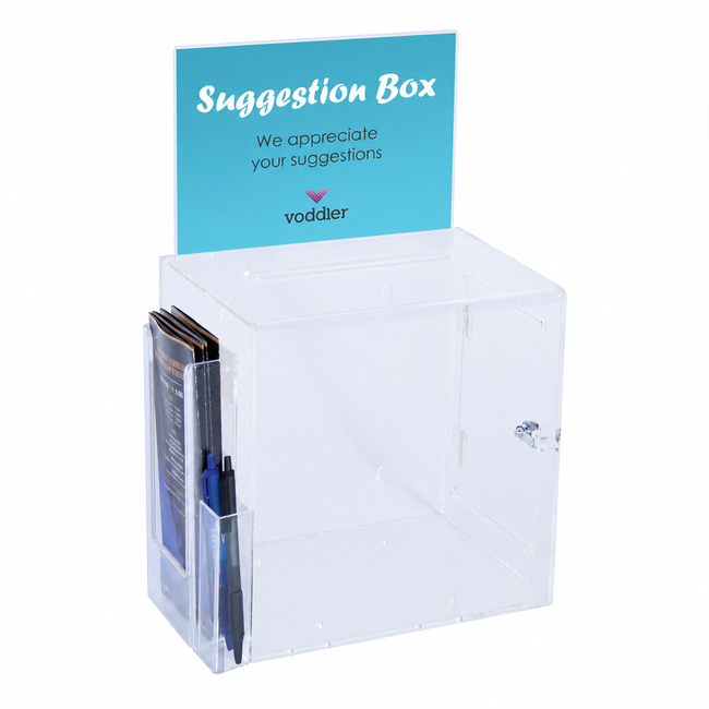 Premium Acrylic Clear Suggestion Box with A5 Display and DL Brochure Holder and Pen Holder on side