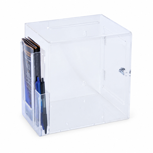 Premium Acrylic Clear Suggestion Box with DL Brochure Holder and Pen Holder on side