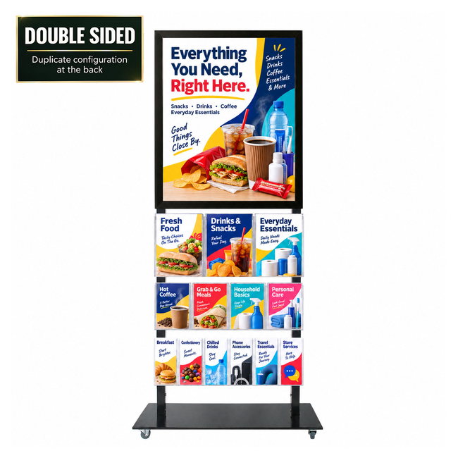 Tall Info Stand -  A1 Snap Frame with 3 A4 +  4 A5 + 6 DL Brochure Holders Double Sided 