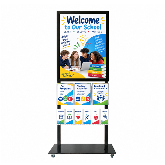 Tall Info Stand -  A1 Snap Frame with 3 A4 + 6 DL Brochure Holders 