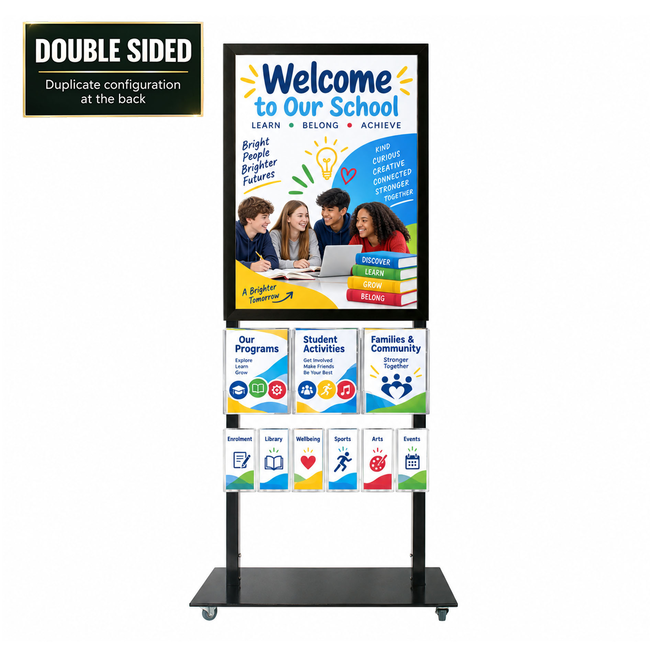 Tall Info Stand -  A1 Snap Frame with 3 A4 + 6 DL Brochure Holders Double Sided