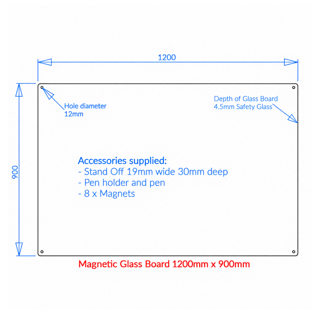 Black Magnetic Glass Board 1200 x 900 mm with Fixings