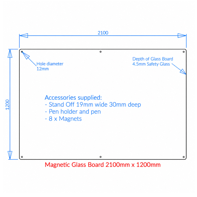 White Magnetic Glass Board 2100 x 1200mm with Fixings