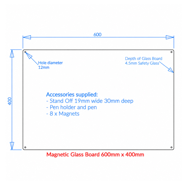 White Magnetic Glass Board 600 x 400mm with Fixings